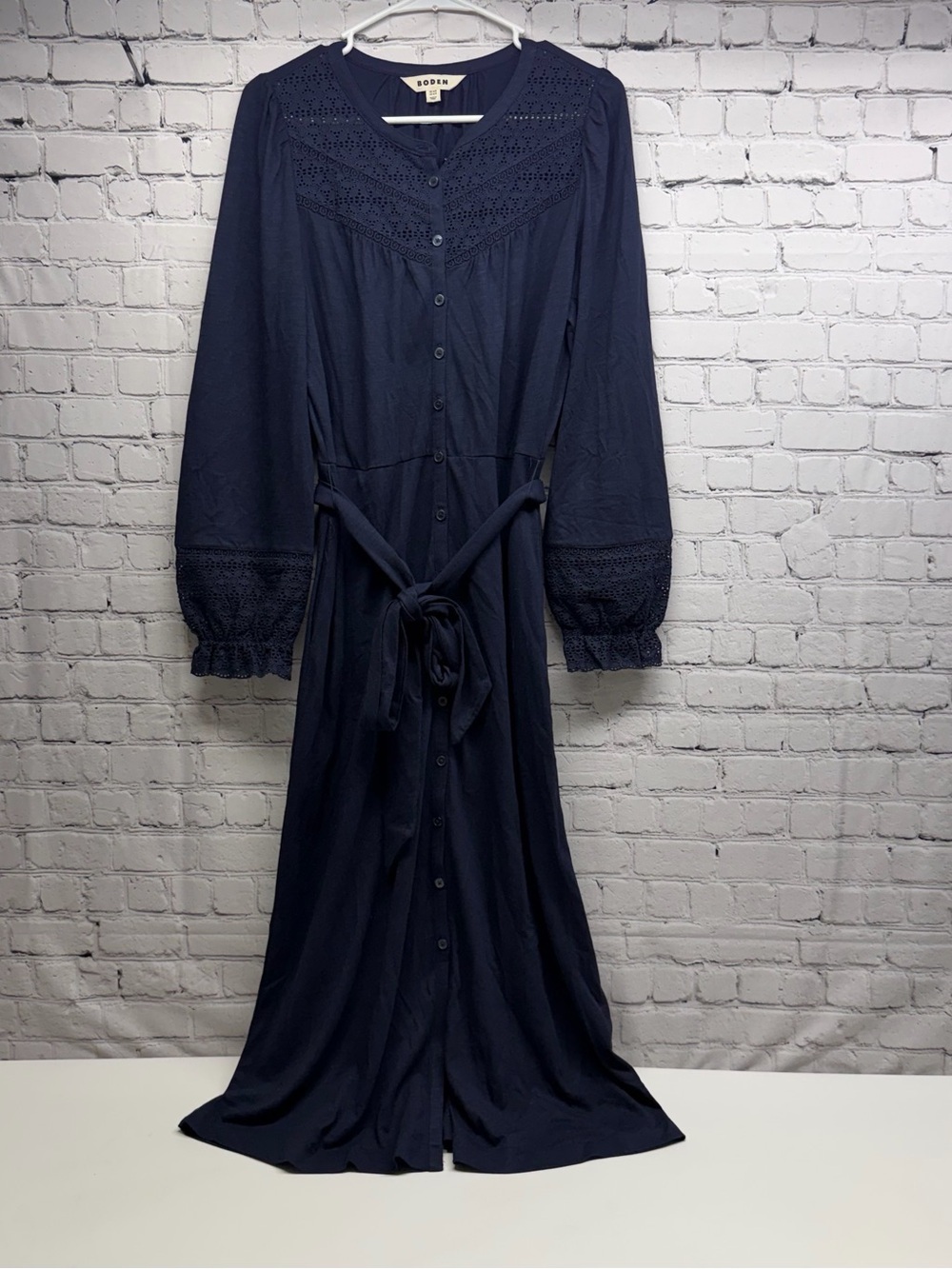 Boden Navy Crochet-Yoke Button-Front Maxi Dress with Tie Waist Sz 10R